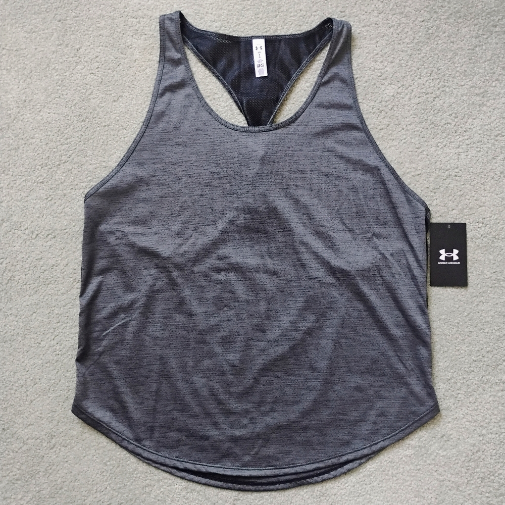 NWT L UA Vent Twist Racerback Gray And Black Active Gym Workout Tank Top NEW